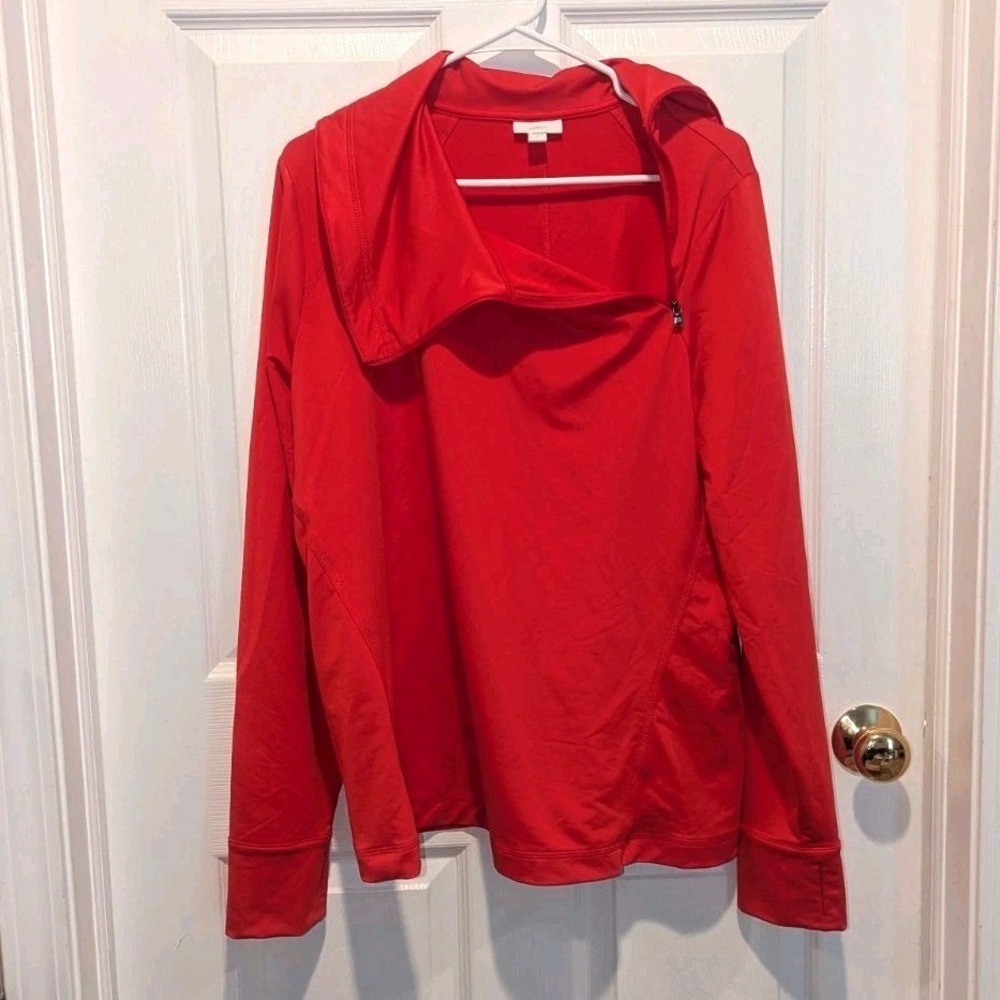 Athleisure J. Jill Cowl Neck Pullover Jacket Red Thumbhole Zip Large Workout Gym